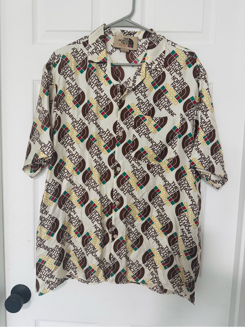 Gucci Short Sleeve Button-Down Shirt in Cream and Brown with Multicolor Accents